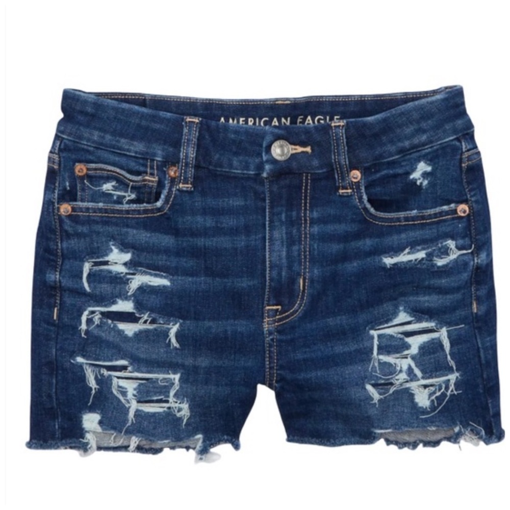 AMERICAN EAGLE OUTFITTERS • Curvy High V-Rise Shortie Distressed Shorts